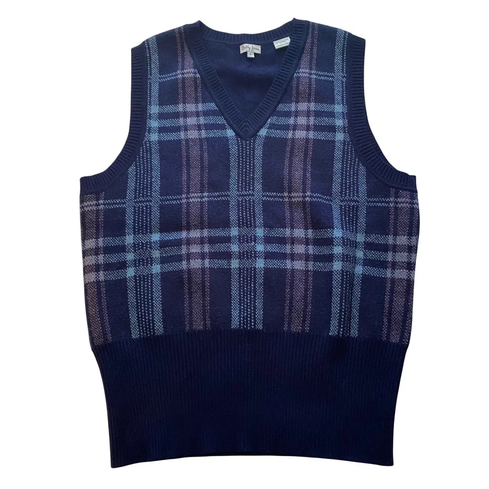 Bobby Jones Sweater Vest Mens Small Navy Plaid Merino Wool Preppy Dark Academia